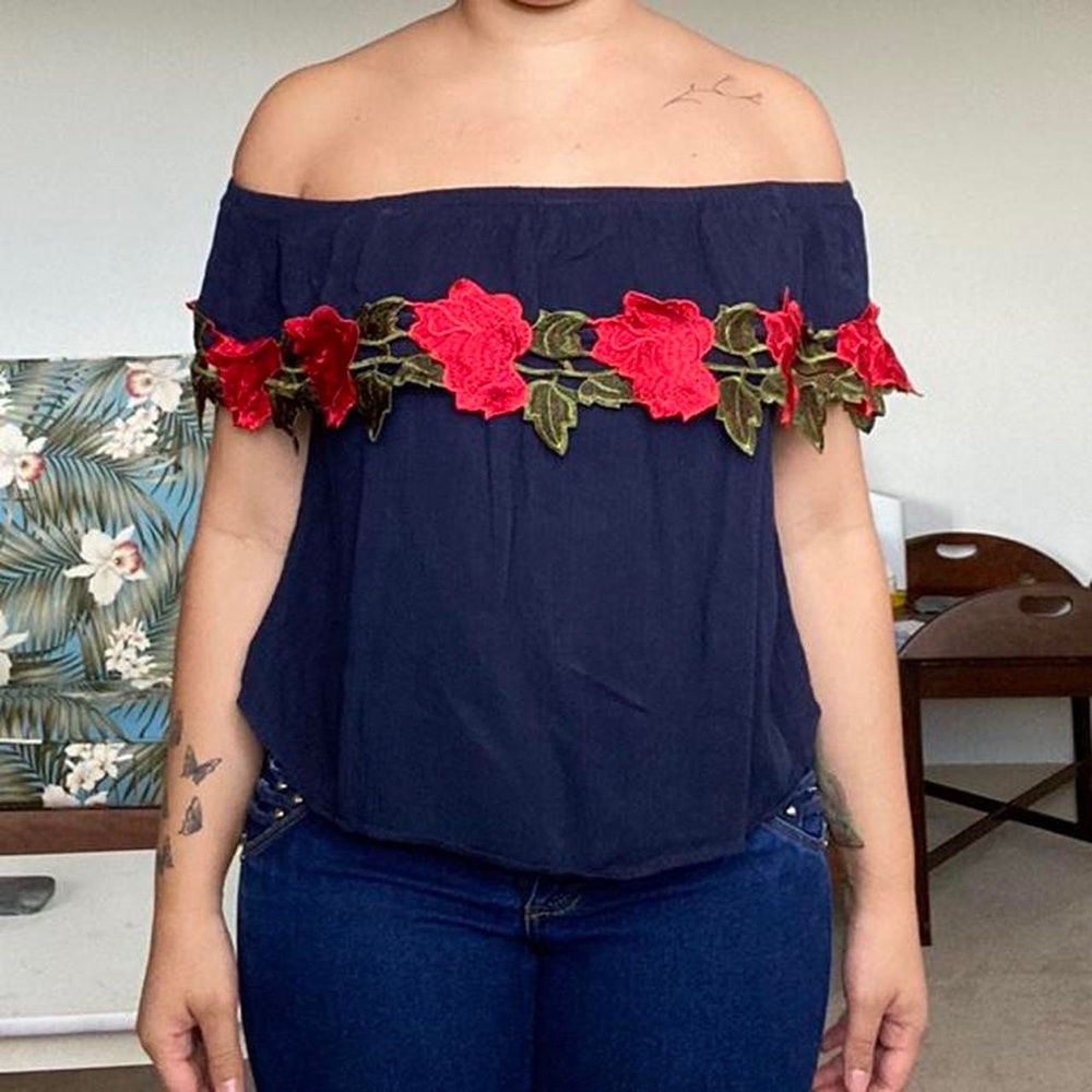 Agaci Off the shoulder navy blue blouse with red roses embroidery across the hem